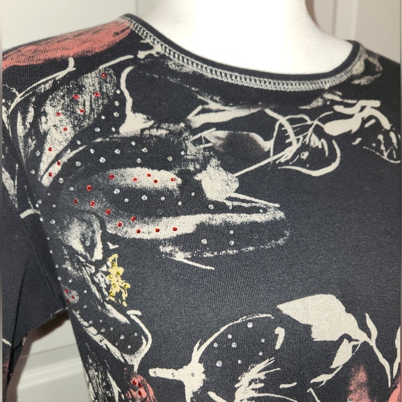 Jess & Jane Embelished Short Sleeve Cotton Blouse Shirt Rhinestone Floral Sz M - Picture 6 of 11